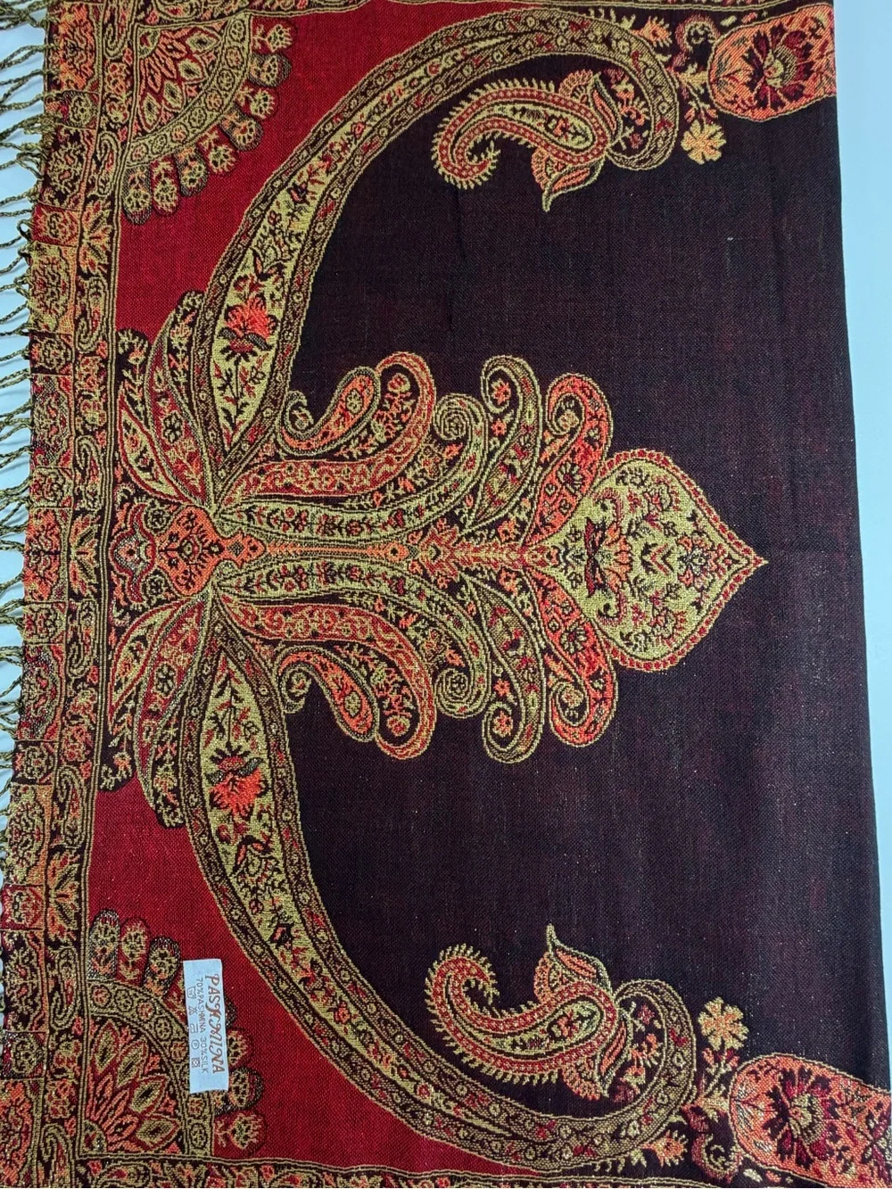 Pashmina 70% Pashmina 30% Silk Paisley Fringe Wrap Shawl Burgundy Gold 68